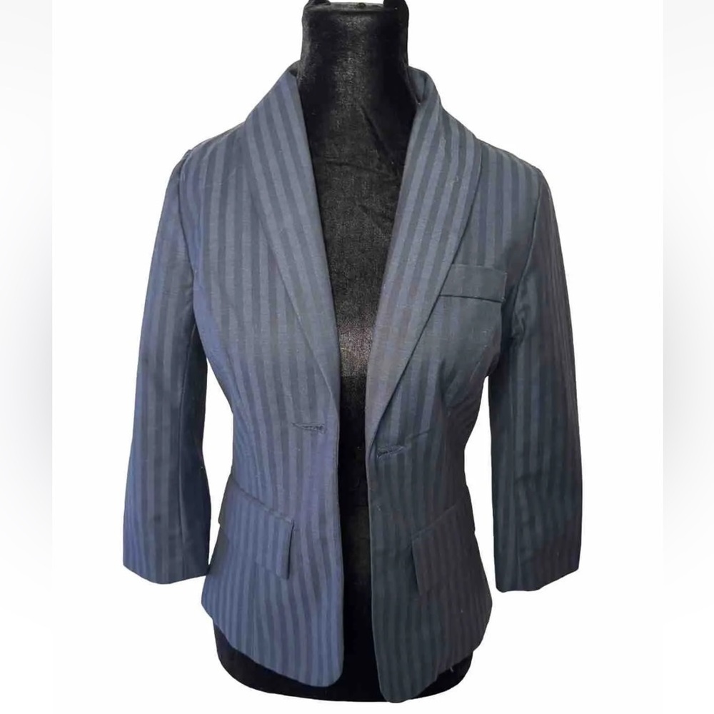 BB Dakota Sz 6 Navy Striped Jacket Blazer 3/4 Sleeve Business Cropped Wool Linen